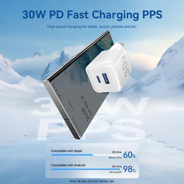 MOBILE CHARGER WALL 30W USB-C/2P BLACK FEQB0-EU VENTION