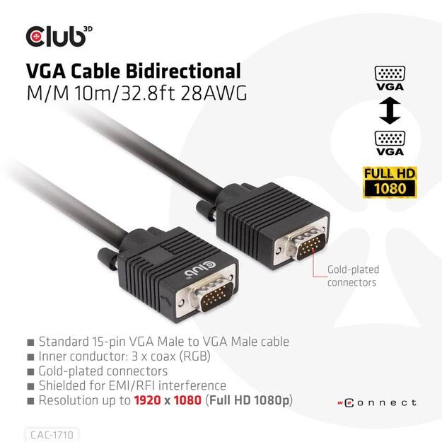 CABLE VGA TO VGA 10M/M/M CAC-1710 CLUB3D 1