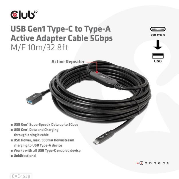 CABLE USB-C TO USB 10M/M/F CAC-1538 CLUB3D 1