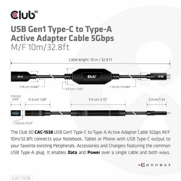 CABLE USB-C TO USB 10M/M/F CAC-1538 CLUB3D