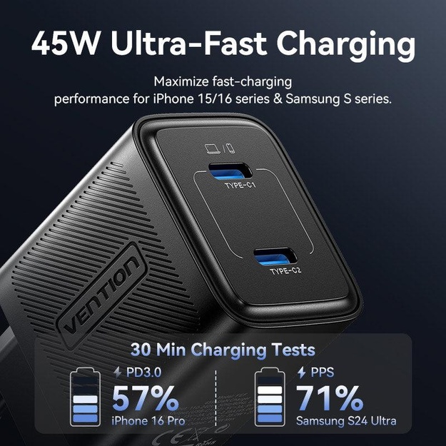 MOBILE CHARGER WALL 45W USB-C/2P BLACK FEFB0-EU VENTION
