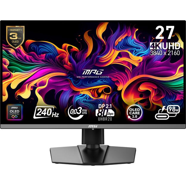 Monitor|MSI|MPG 272URX QD-OLED|27 |Gaming/4K|Matte|Panel QD-OLED|3840x2160|16:9|240 ??|0.03 ms|Swivel|Pivot|Height adjustable|Tilt|Colour Black|MPG272URXQD-OLED