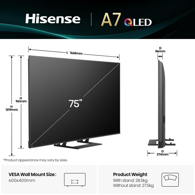 TV Set|HISENSE|75  |4K Ultra HD|3840 x 2160 pixels|Flat|16:9|QLED|75A7Q