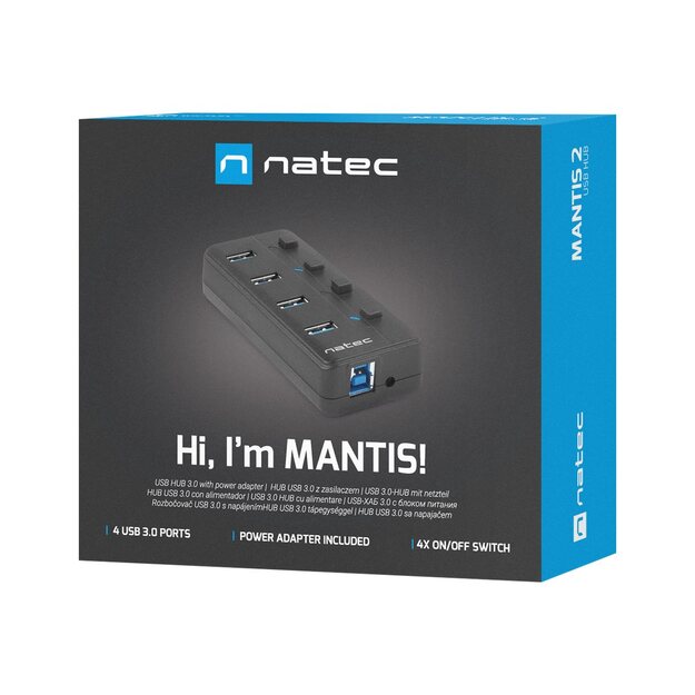 NATEC NHU-1557 Natec Hub USB 3.0 Mantis2, 4-ports on/off with AC Adapter, Black