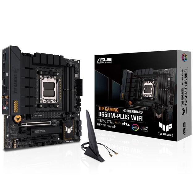 Pagrindinė plokštė|ASUS|AMD B650|SAM5|MicroATX|Memory DDR5|Memory slots 4|1xPCI-Express 4.0 1x|1xPCI-Express 4.0 16x|2xM.2|1xHDMI|1xDisplayPort|4xUSB 2.0|3xUSB 3.2|1xUSB-C|1xRJ45|5xAudio port|TUFGAMB650M-PLUSWIFI