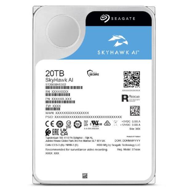 Kietasis diskas vidinis HDD|SEAGATE|SkyHawk AI|20TB|SATA 3.0|256 MB|7200 rpm|Discs/Heads 10/20|3,5 |ST20000VE002