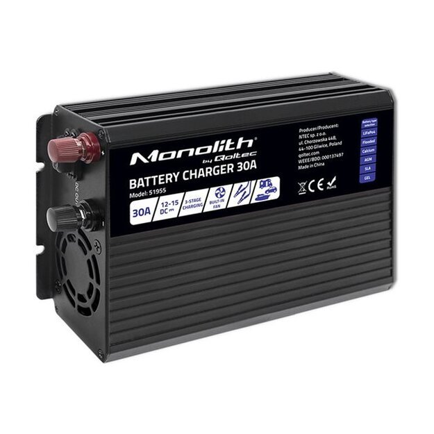 QOLTEC 51955 Smart Monolith charger for LiFePO4 AGM GEL SLA batteries / 30A / 12V