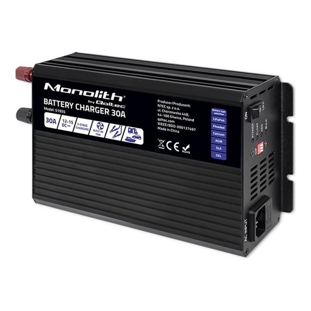 QOLTEC 51955 Smart Monolith charger for LiFePO4 AGM GEL SLA batteries / 30A / 12V