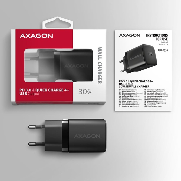 MOBILE CHARGER WALL USB-C 30W/1PORT BLACK ACU-PD30 AXAGON