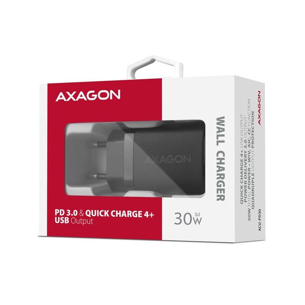 MOBILE CHARGER WALL USB-C 30W/1PORT BLACK ACU-PD30 AXAGON