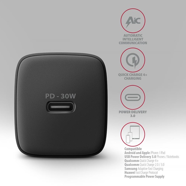 MOBILE CHARGER WALL USB-C 30W/1PORT BLACK ACU-PD30 AXAGON