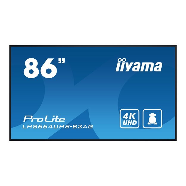 IIYAMA LH8664UHS-B2AG 86inch 3840x2160 UHD IPS panel Haze 25perc 500cd/m2 Landscape and Portrait Speakers 2x10W 3xHDMI USB 2.0