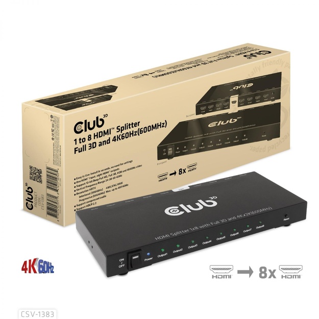 I/O VIDEO SPLITTER HDMI 8PORT/3D 4K 60HZ CSV-1383 CLUB3D