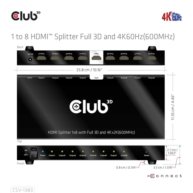 I/O VIDEO SPLITTER HDMI 8PORT/3D 4K 60HZ CSV-1383 CLUB3D