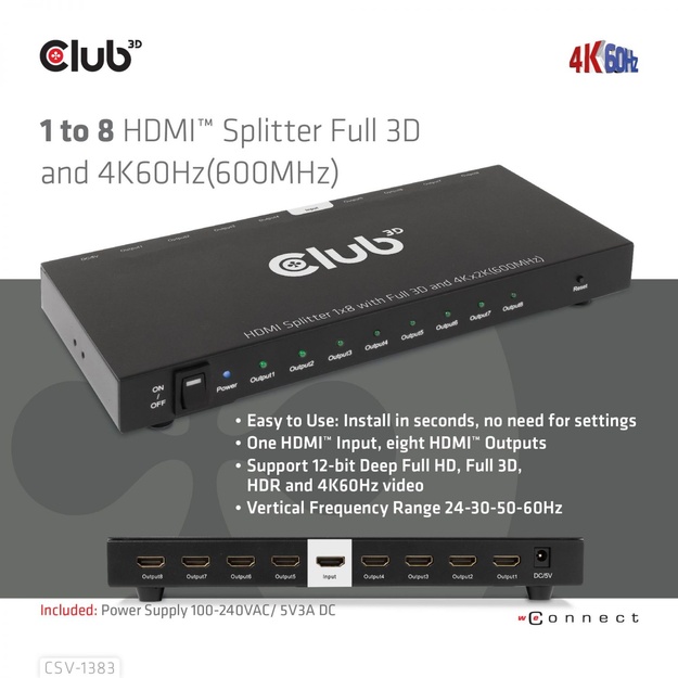 I/O VIDEO SPLITTER HDMI 8PORT/3D 4K 60HZ CSV-1383 CLUB3D