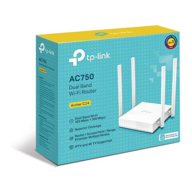 Maršrutizatorius TP-LINK Archer C24 AC750 Dual band WiFi 4xLAN 1xWAN FE 4 anteny 3in1