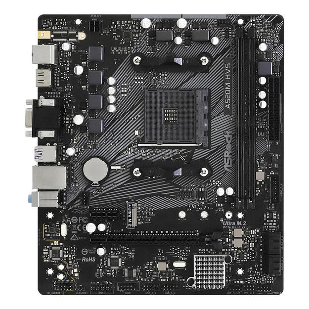 Pagrindinė plokštė|ASROCK|AMD A520|SAM4|MicroATX|1xPCI-Express 3.0 1x|1xPCI-Express 3.0 16x|1xM.2|Memory DDR4|Memory slots 2|1x15pin D-sub|1xHDMI|2xAudio-In|1xAudio-Out|2xUSB 2.0|4xUSB 3.2|1xPS/2|1xRJ45|A520M-HVS