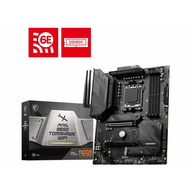 Pagrindinė plokštė|MSI|AMD B650|SAM5|ATX|Memory DDR5|Memory slots 4|1xPCI-Express 1x|2xPCI-Express 16x|3xM.2|1xHDMI|1xDisplayPort|2xUSB 2.0|7xUSB 3.2|1xUSB-C|1xOptical S/PDIF|1xRJ45|5xAudio port|MAGB650TOMAHAWKWIFI