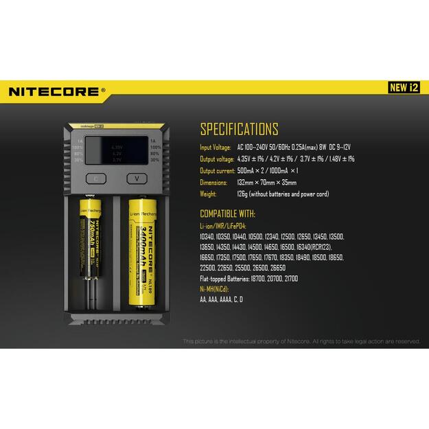 Baterijų įkroviklis CHARGER 2-SLOT/INTELLICHARGER NEW I2 NITECORE 1