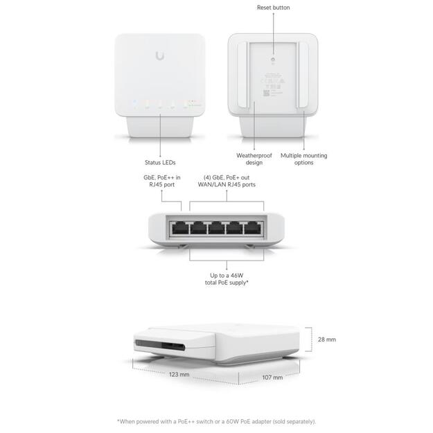 Komutatorius |UBIQUITI|USW-FLEX|5x10Base-T / 100Base-TX / 1000Base-T|PoE ports 5|15.4 Watts|USW-FLEX