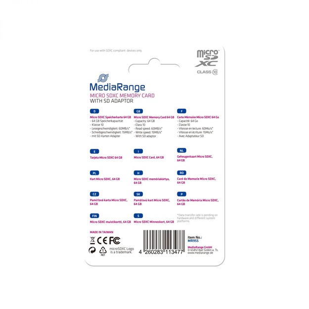 MEMORY MICRO SDXC 64GB C10/W/ADAPTER MR955 MEDIARANGE