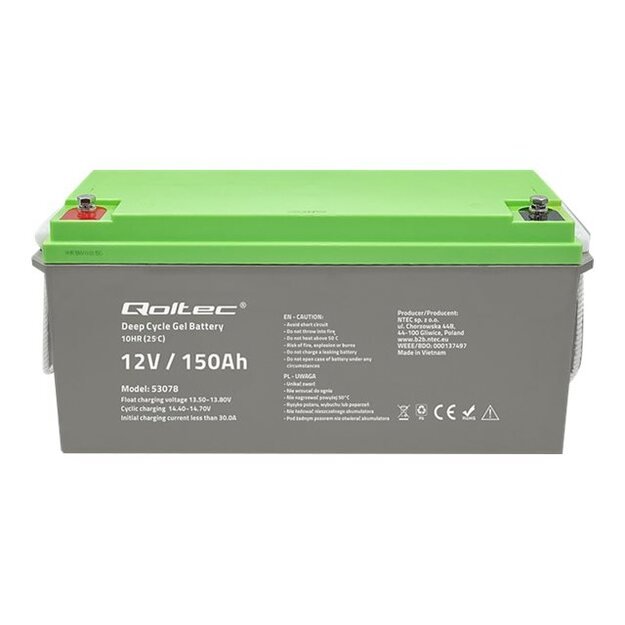 QOLTEC 53078 Deep Cycle Gel battery 12V 150Ah