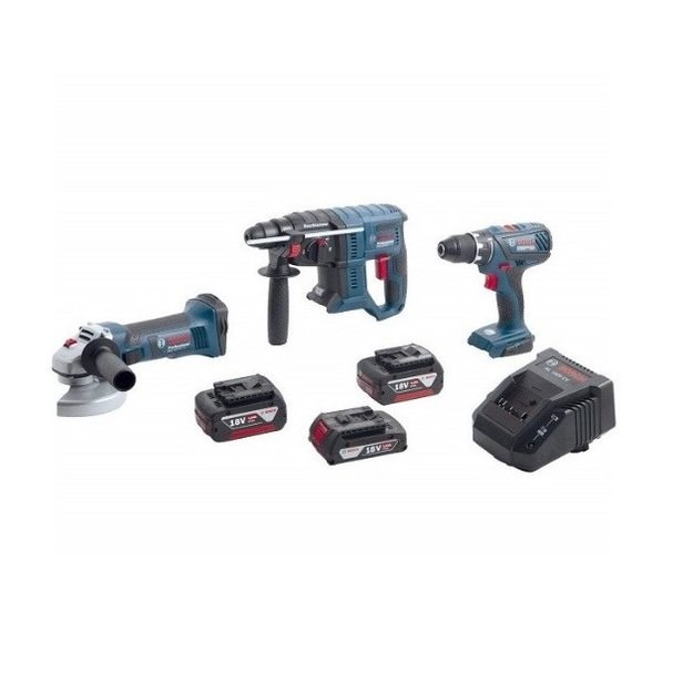 Cordless tools set BOSCH GSR 18V-28 + GBH 18V-21 + GWS 18-125 V-LI + 3x4Ah batteries