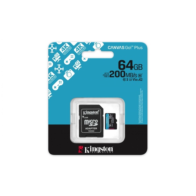 KINGSTON 64GB microSDXC Canvas Go Plus Gen4 200MB/s A2 U3 V30 Card + Adapter
