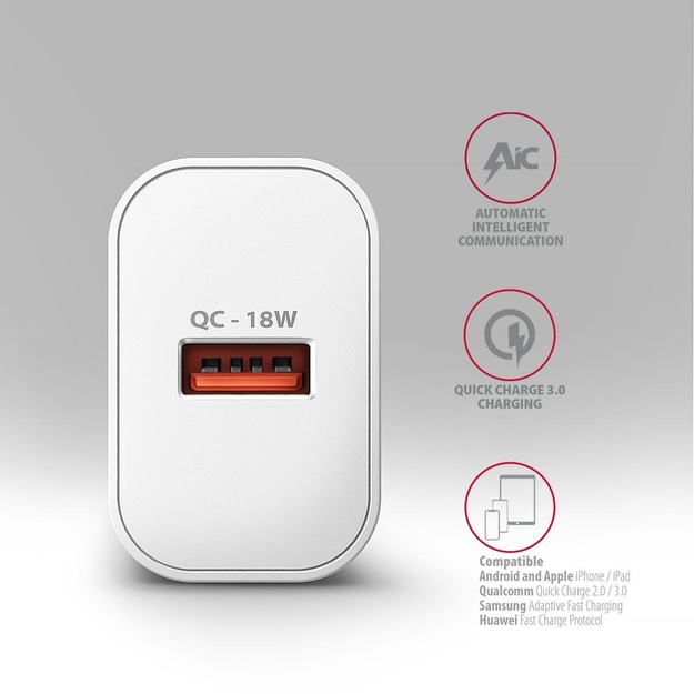 MOBILE CHARGER WALL USB 18W/1PORT WHITE ACU-QC18W AXAGON