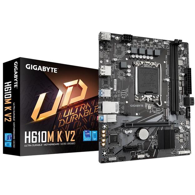 Mainboard|GIGABYTE|Intel H610|LGA1700|Micro-ATX|Memory DDR5|Memory slots 2|1xPCI-Express 3.0 1x|1xPCI-Express 4.0 16x|1xM.2|1xHDMI|1xDisplayPort|4xUSB 2.0|2xUSB 3.2|1xPS/2|1xRJ45|3xAudio port|H610MKV2