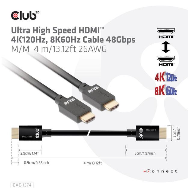 CABLE HDMI TO HDMI 4M/M/M CAC-1374 CLUB3D 1