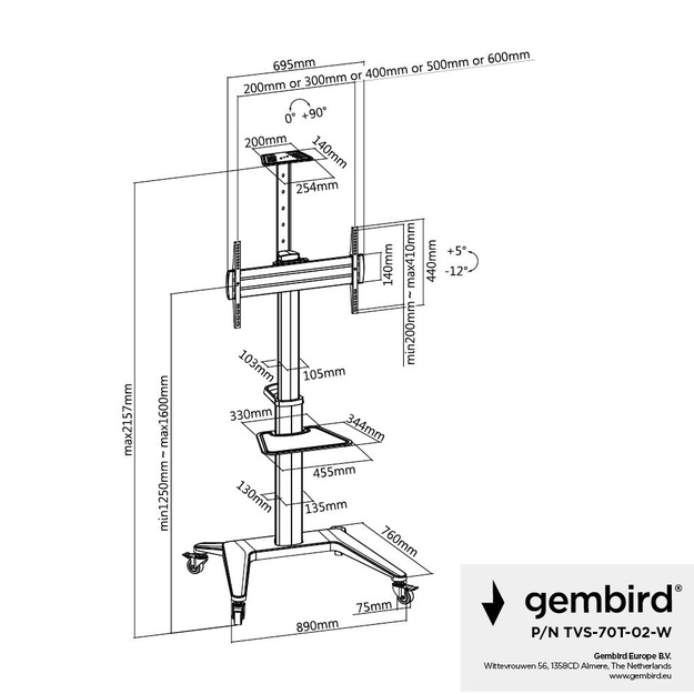 TV SET ACC FLOOR STAND 37-70 /WHITE TVS-70T-02-W GEMBIRD
