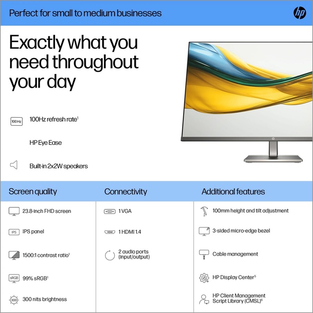 LCD Monitor|HP|23.8  |1920 x 1080 pixels|Full HD|Native aspect ratio 16:9|LCD|Flat|B11W5AT