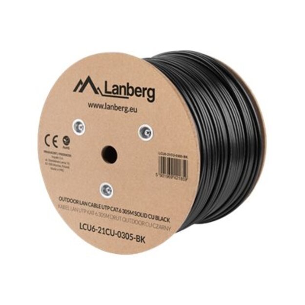 Instaliacinis tinklo kabelis LANBERG LCU6-21CU-0305-BK UTP stranded cable CU OUTDOOR, cat. 6, 305m, Black