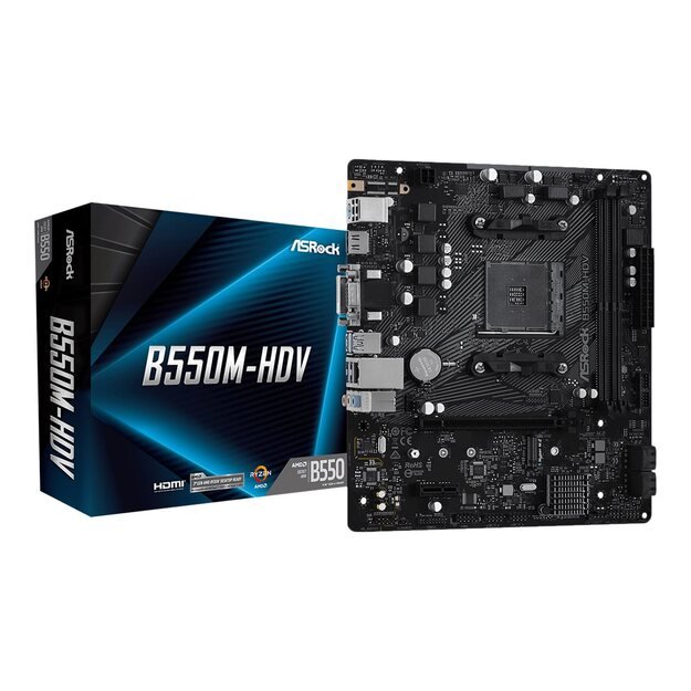 Pagrindinė plokštė|ASROCK|AMD B550|SAM4|MicroATX|1xPCI-Express 3.0 1x|1xM.2|1xPCI-Express 4.0 16x|Memory DDR4|Memory slots 2|1x15pin D-sub|1xDVI|1xHDMI|2xUSB 2.0|4xUSB 3.2|1xPS/2|1xRJ45|3xAudio port|B550M-HDV