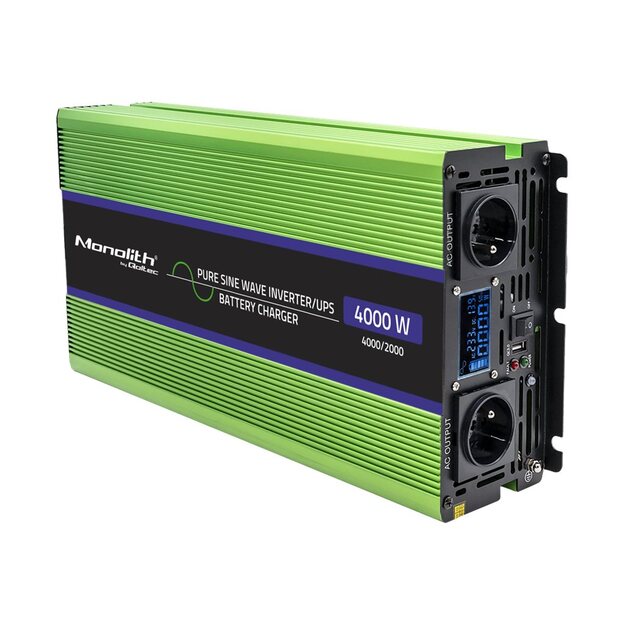 Inverteris QOLTEC 51943 Pure Sine Wave Monolith / charger / UPS / 4000W / 2000W / 12V to 230V / LCD