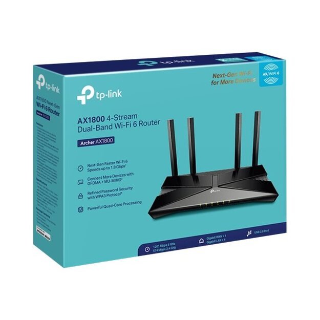 Maršrutizatorius TP-LINK 1800Mbps Wi-Fi 6 4x10/100/1000M LAN\WAN ports 1 DHCP antennas 4 ARCHERAX1800