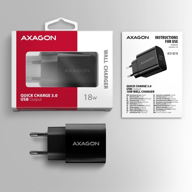 MOBILE CHARGER WALL USB 18W/1PORT BLACK ACU-QC18 AXAGON