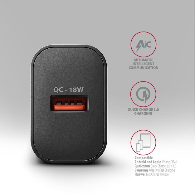 MOBILE CHARGER WALL USB 18W/1PORT BLACK ACU-QC18 AXAGON