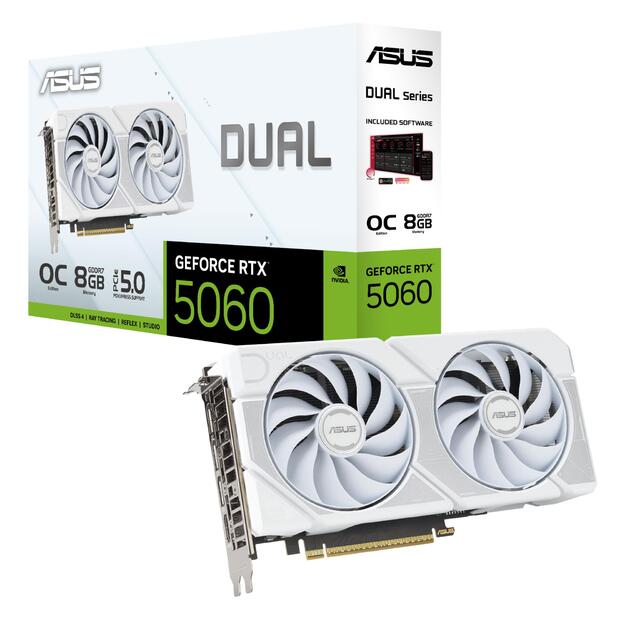 Graphics Card|ASUS|NVIDIA GeForce RTX 5060|8 GB|GDDR7|128 bit|PCIE 5.0 16x|Dual Slot Fansink|DUAL-RTX5060-O8G-WHITE 18