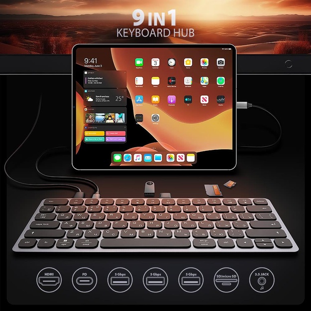 KEYBOARD + I/O HUB 9IN1/0.6M HMC-KB-CRL AXAGON