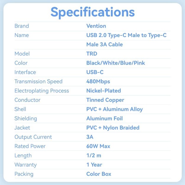 CABLE USB-C TO USB-C/2M BLACK TRDBH VENTION