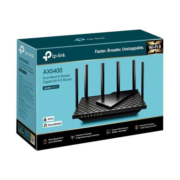 Maršrutizatorius TP-LINK 5400Mbps Wi-Fi 6 USB 3.0 1 WAN 4x10/100/1000M antennas 6 ARCHERAX73