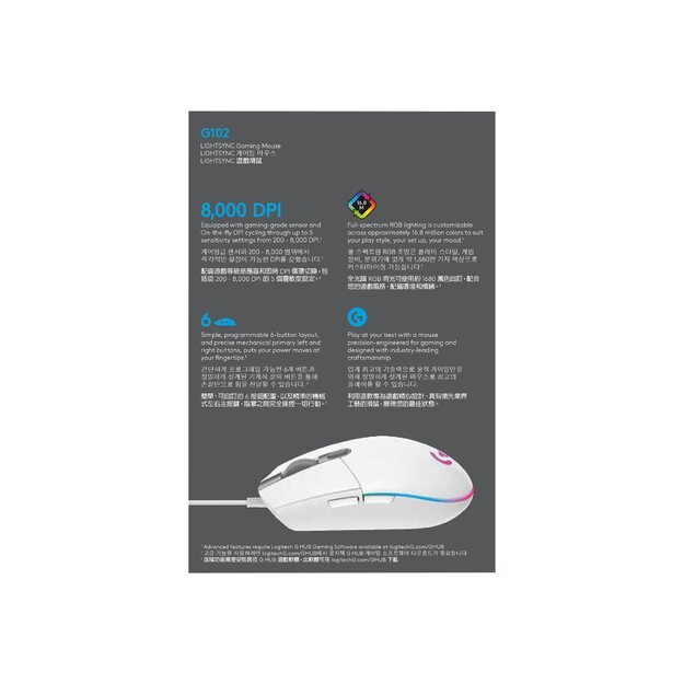 Kompiuterinė pelė laidinė MOUSE USB OPTICAL G102 LIGHTSY/WHITE 910-005824 LOGITECH