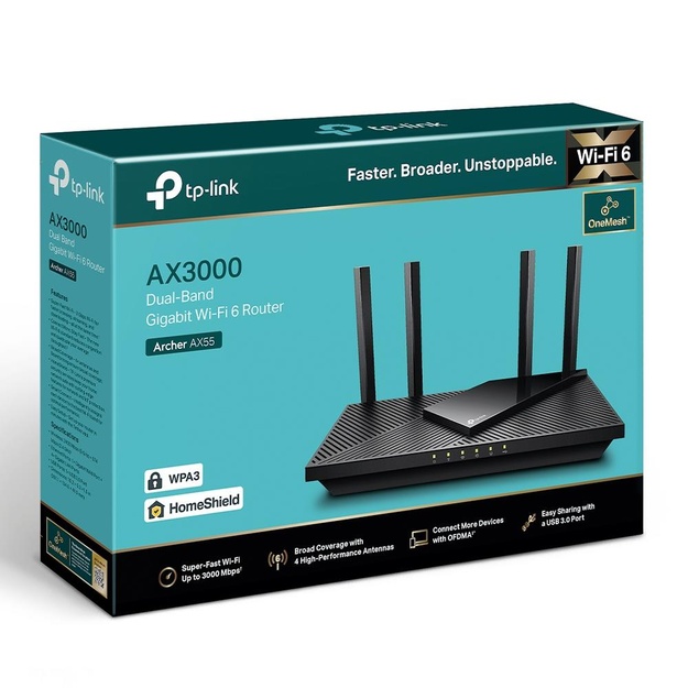Maršrutizatorius TP-LINK 3000Mbps Wi-Fi 6 USB 3.0 1 WAN 4x10/100/1000M antennas 4 ARCHERAX55