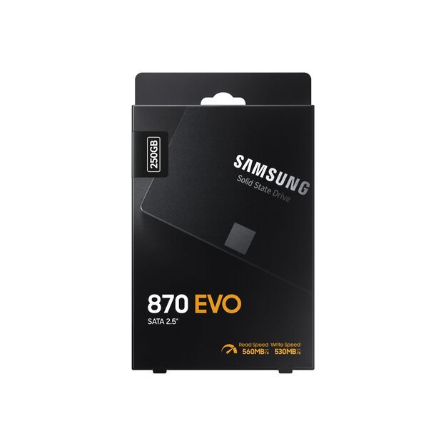 Kietasis diskas (SSD) vidinis SSD|SAMSUNG|870 EVO|250GB|SATA|MLC|Write speed 530 MBytes/sec|Read speed 560 MBytes/sec|2,5 |MTBF 1500000 hours|MZ-77E250B/EU