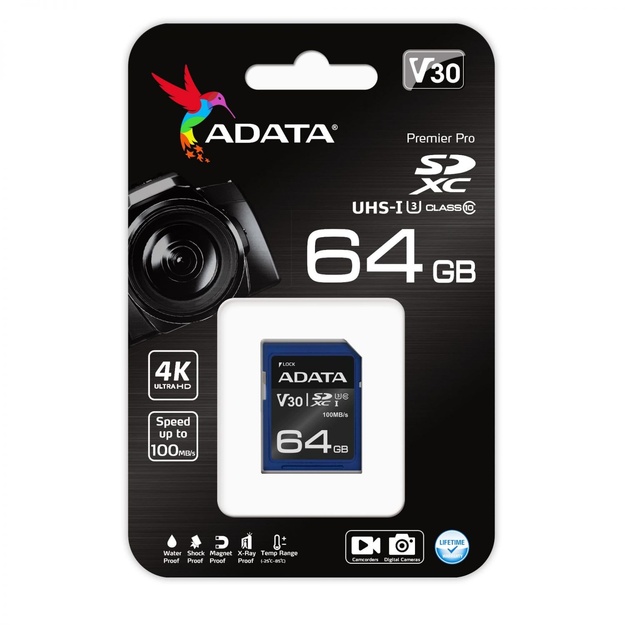 Atminties kortelė SDXC 64GB V30/ASDX64GUI3V30S-R ADATA