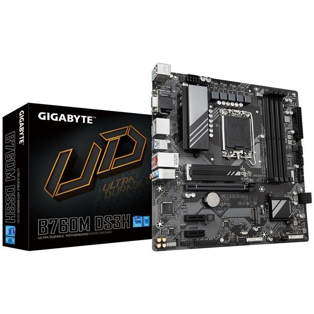 Mainboard|GIGABYTE|Intel B760 Express|LGA1700|Micro-ATX|Memory DDR5|Memory slots 4|2xPCI-Express 3.0 1x|1xPCI-Express 4.0 16x|2xM.2|1x15pin D-sub|1xHDMI|2xDisplayPort|2xUSB 2.0|3xUSB 3.2|1xUSB-C|1xPS/2|1xRJ45|3xAudio port|B760MDS3H