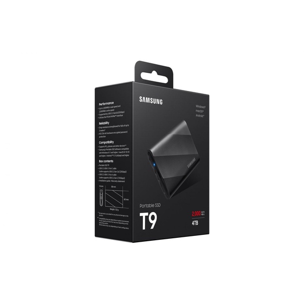 External SSD|SAMSUNG|T9|4TB|USB 3.2|Write speed 2000 MBytes/sec|Read speed 2000 MBytes/sec|MU-PG4T0B/EU