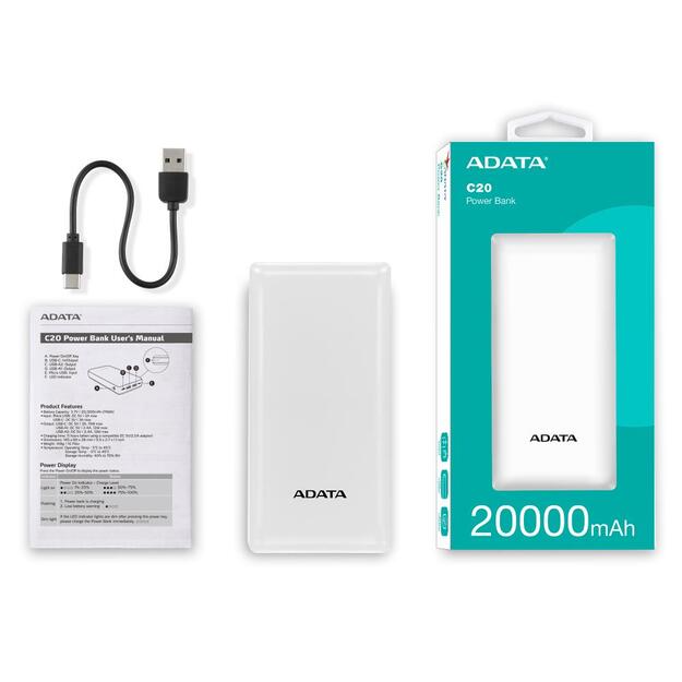 POWER BANK USB 20000MAH WHITE/PBC20-WH ADATA